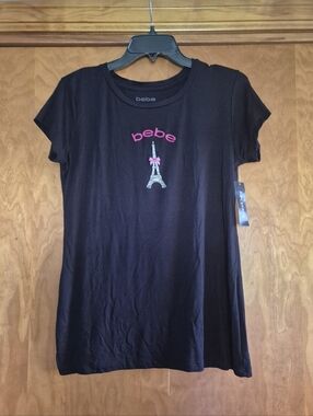 bebe Black Short-Sleeve Tee with Pink Logo & Eiffel Tower